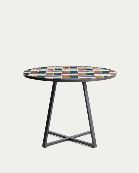 Table ronde Tella en acier galvanisé graphite et carreaux multicolores Ø120 cm