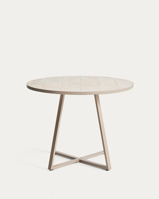 Table ronde Tella en acier galvanisé taupe et céramique beige Ø 90 cm
