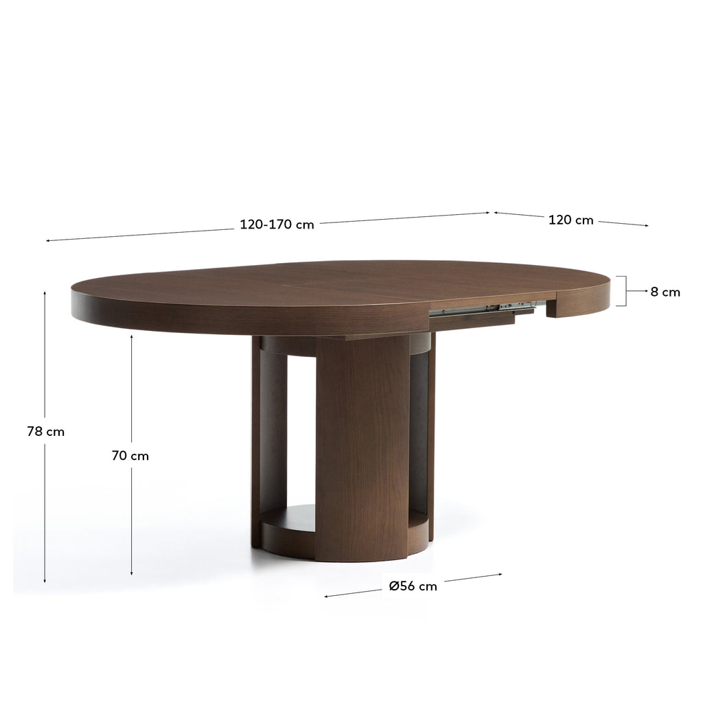 Artis extendable round table in solid wood and oak veneer with a walnut finish, FSC 100%, 120 (170) x 80 cm