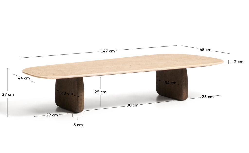 Table basse Pirita en travertin beige et pieds en bois de chêne avec finition foncée 147 x 65 cm FSC 100 %