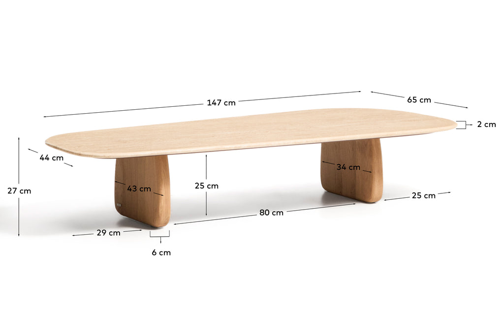 Table basse Pirita en travertin beige et pieds en bois de chêne avec finition ton naturel 147 x 65 cm FSC 100 %