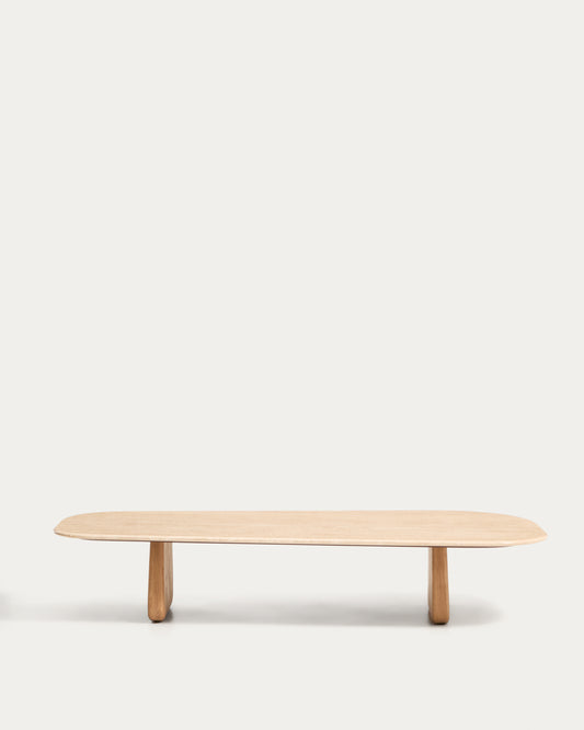 Table basse Pirita en travertin beige et pieds en bois de chêne avec finition ton naturel 147 x 65 cm FSC 100 %