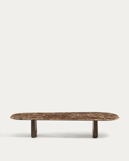 Table basse Pirita en marbre marron et pieds en bois de chêne avec finition foncée 147 x 65 cm FSC 100 %