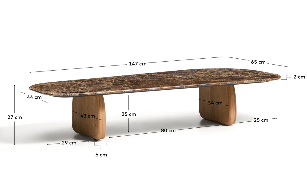 Table basse Pirita en marbre marron et pieds en bois de chêne avec finition ton naturel 147 x 65 cm FSC 100 %