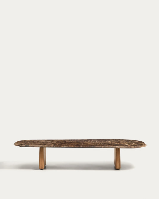 Table basse Pirita en marbre marron et pieds en bois de chêne avec finition ton naturel 147 x 65 cm FSC 100 %