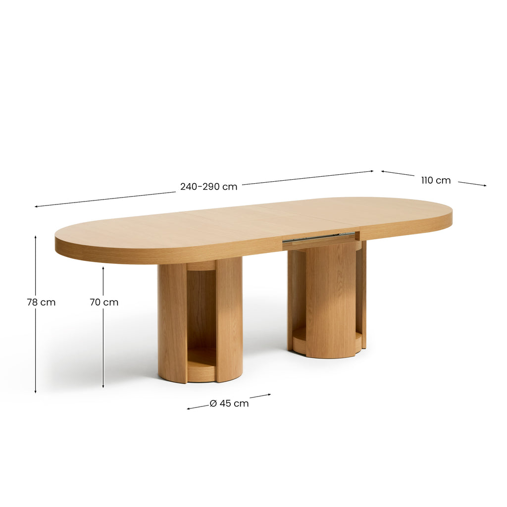 Artis extendable oval table in solid wood and oak veneer with a natural finish, FSC 100%, 240 (290) x 110 cm