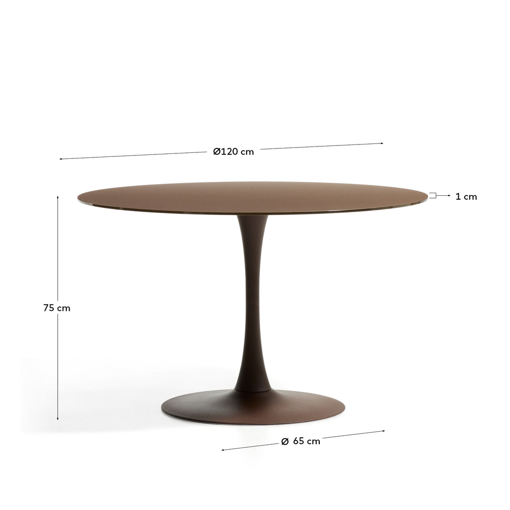 Round Vedira table in glass and brown steel Ø120 cm