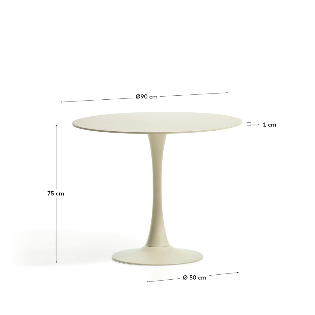 Round Vedira table in ecru ceramic and beige steel Ø90 cm