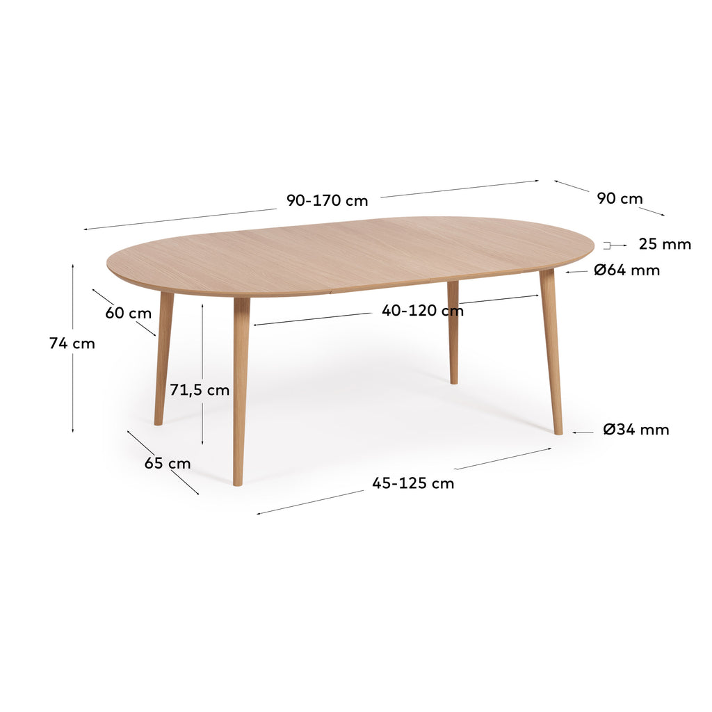 Table extensible ronde Oqui MDF en placage de chêne et pieds bois 90 (170) x 90 cm