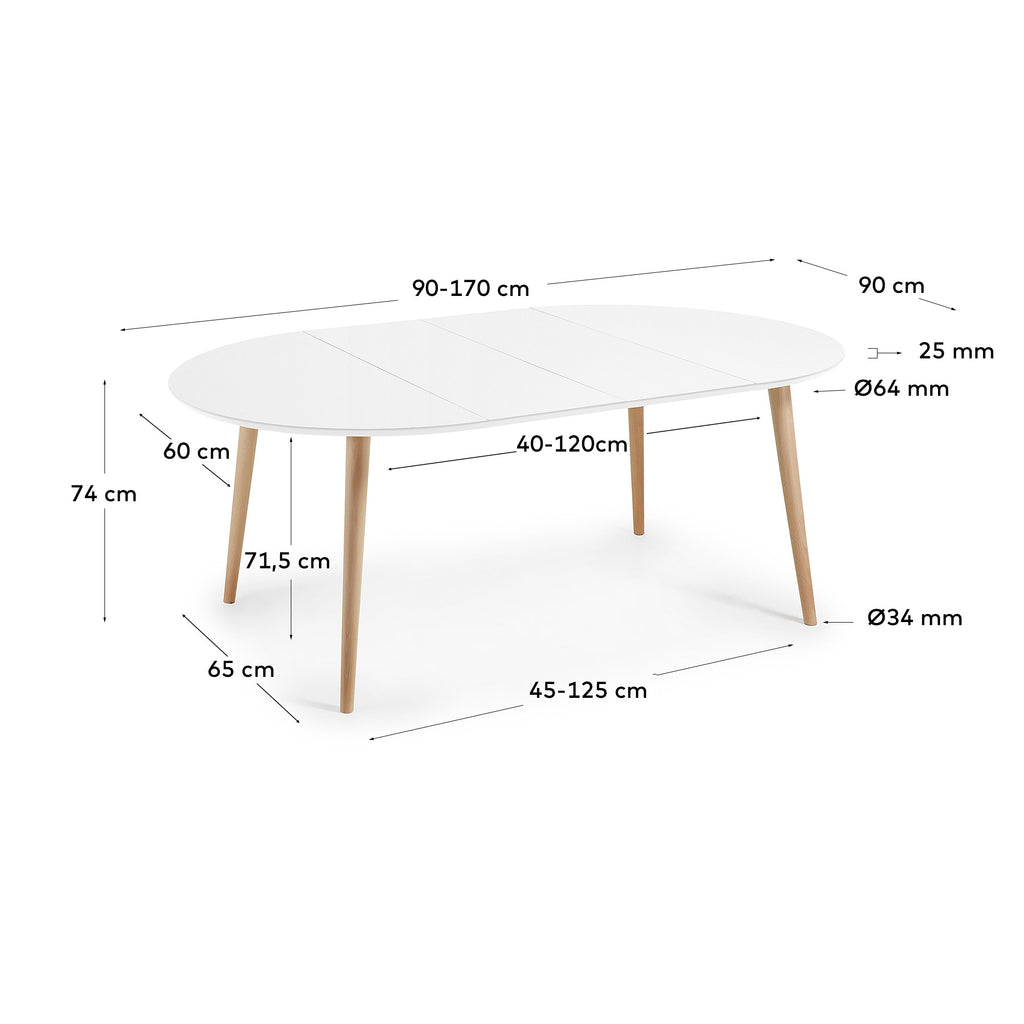 Table extensible ronde Oqui MDF laqué blanc et pieds bois de hêtre 90 (170) x 90 cm