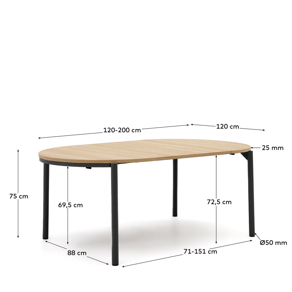 Table extensible ronde Montuiri placage en chêne et pieds en acier finition noire  Ø 120 (200) cm