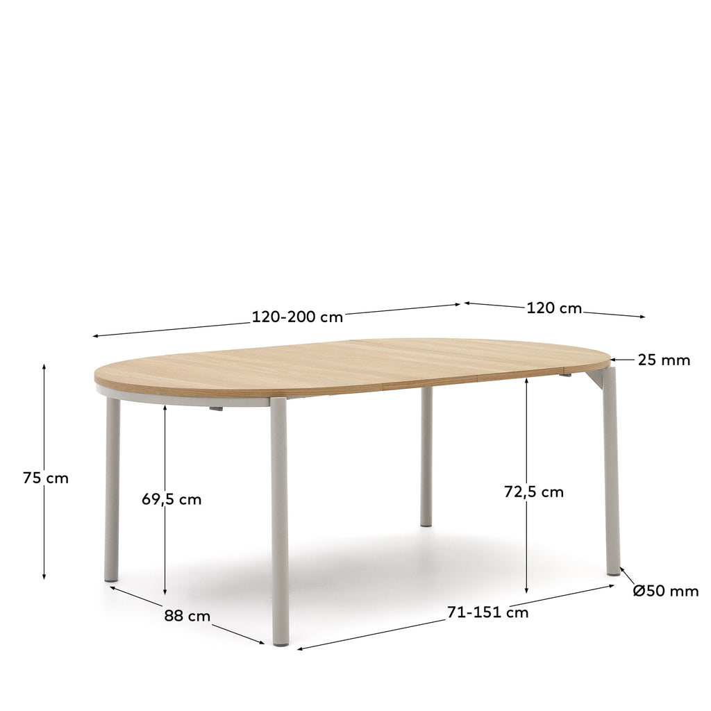 Table extensible ronde Montuiri placage en chêne et pieds en acier finition grise  Ø 120 (200) cm