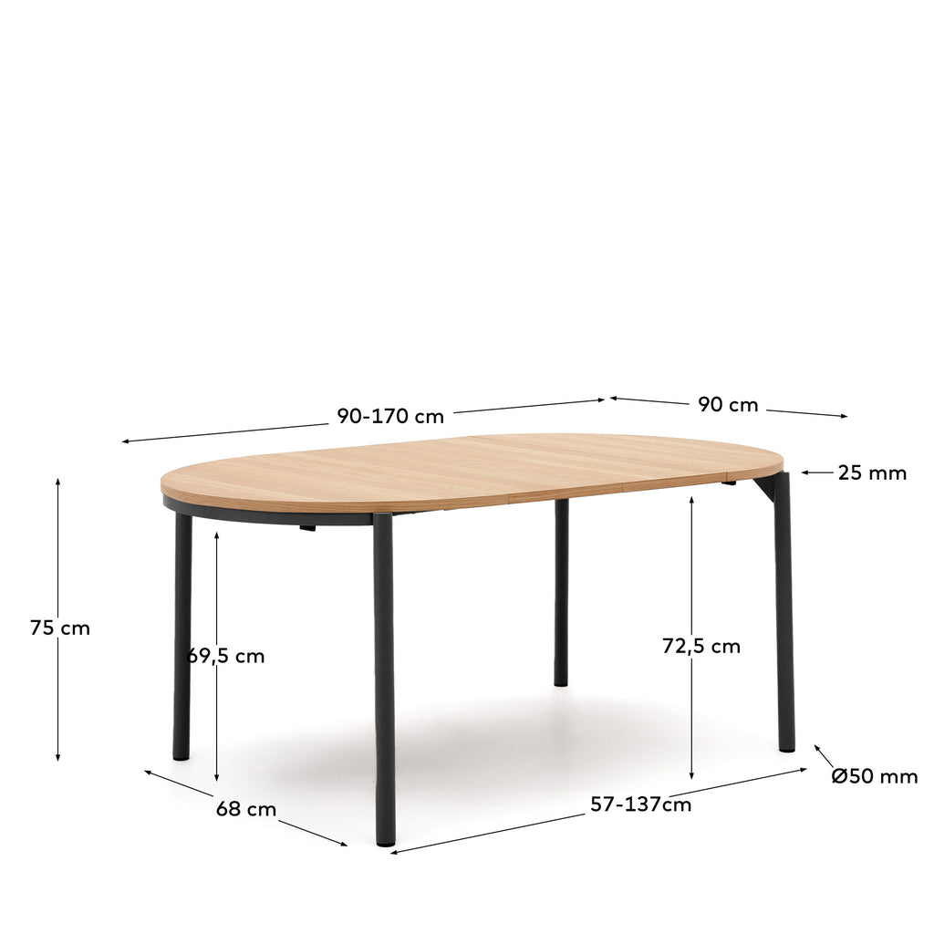 Table ronde extensible Montuiri en placage de chêne et pieds en acier noir Ø90(170) cm