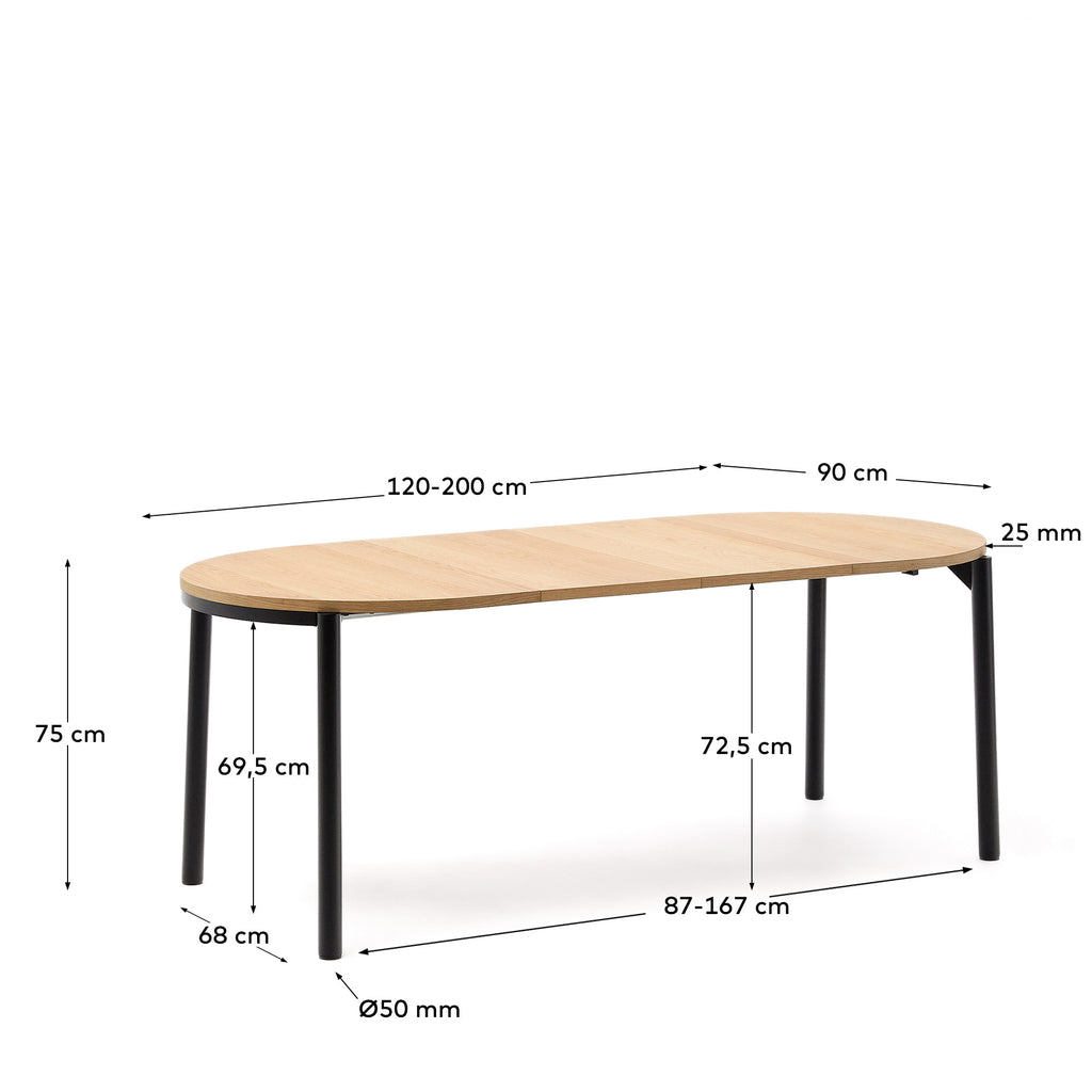 Table extensible Montuiri en placage de chêne et pieds en acier noir Ø120(200) x 90 cm