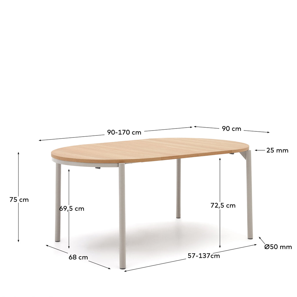 Table ronde extensible Montuiri en placage de chêne et pieds en acier gris  Ø90(170) cm