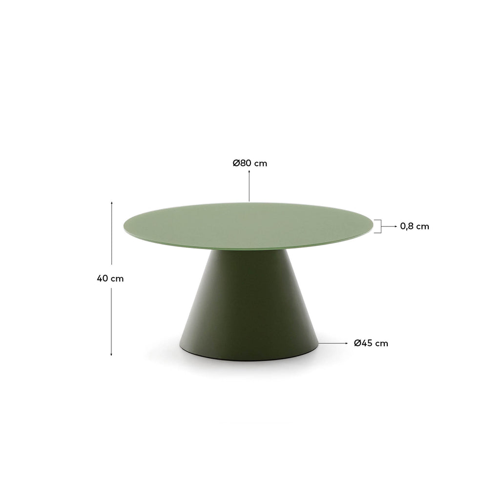 Table basse Wilshire en verre trempé dépoli et acier finition vert mat Ø80 cm
