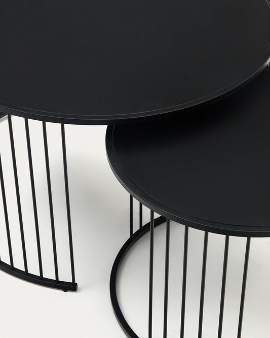 Lot de 2 tables appoint gigognes Hadar verre trempé et métal peint en noir Ø75cm / Ø 45cm