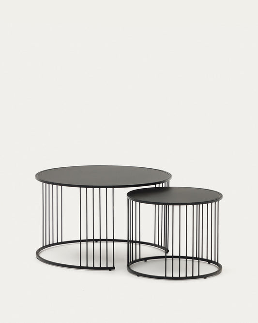 Lot de 2 tables appoint gigognes Hadar verre trempé et métal peint en noir Ø75cm / Ø 45cm