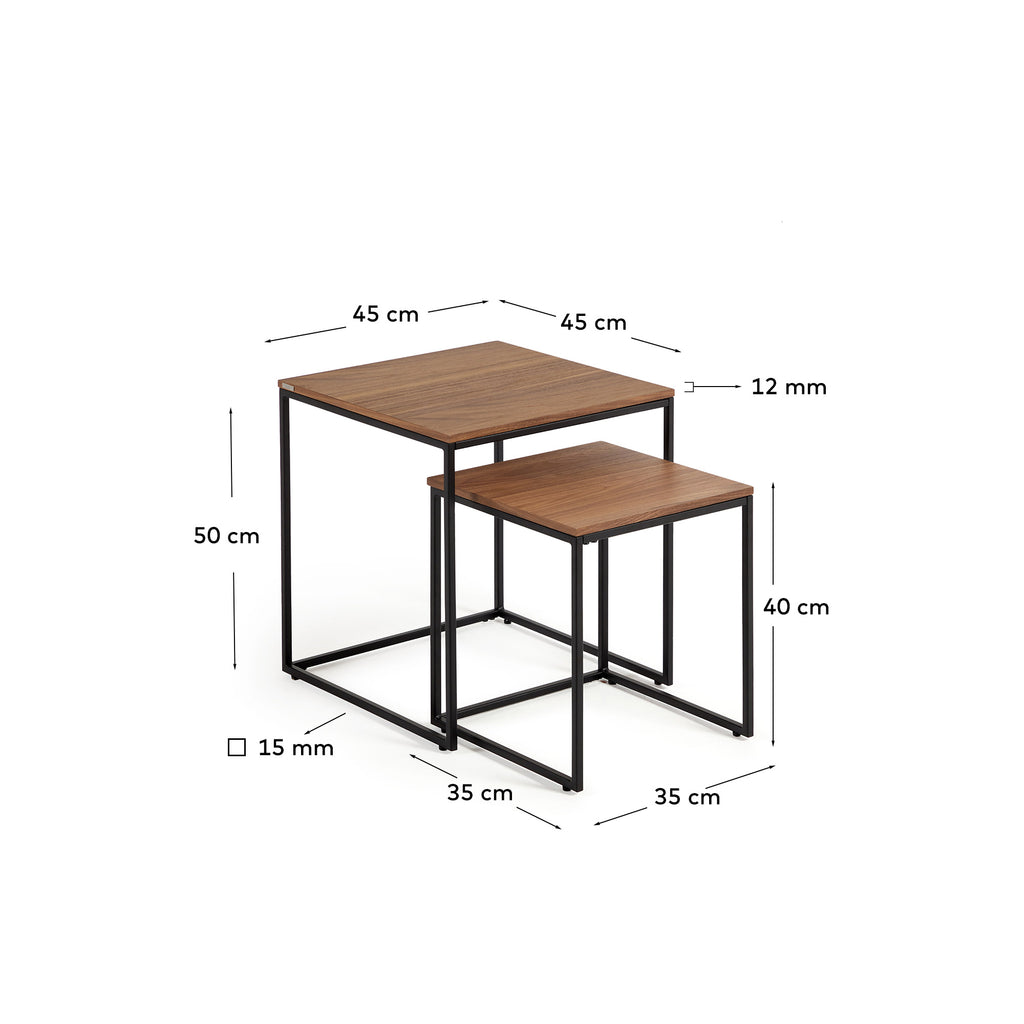 Ensemble 2 tables d'appoint gigognes Yoana en placage de noyer et structure en métal noir