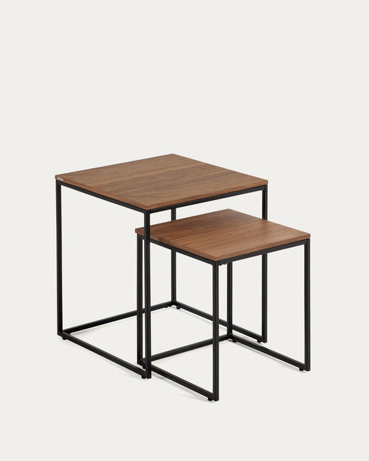 Ensemble 2 tables d'appoint gigognes Yoana en placage de noyer et structure en métal noir