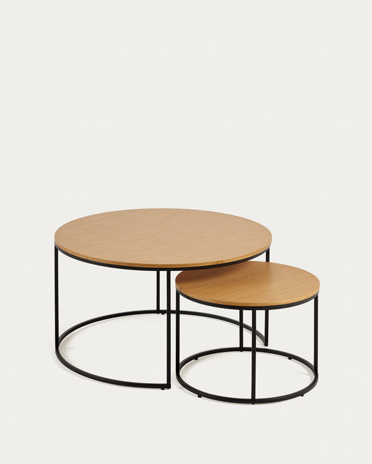 Ensemble 2 tables d'appoint gigognes Yoana placage de chêne et métal noir Ø 80 cm/Ø 50 cm