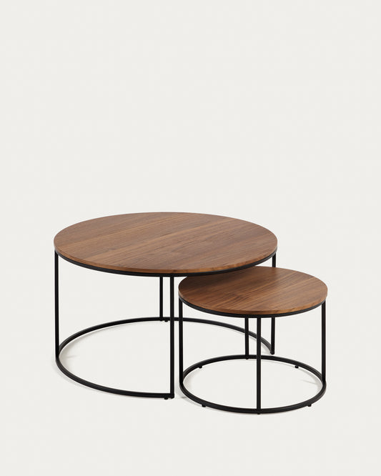 Ensemble 2 tables d'appoint gigognes Yoana placage de noyer et métal noir Ø 80 cm/Ø 50 cm