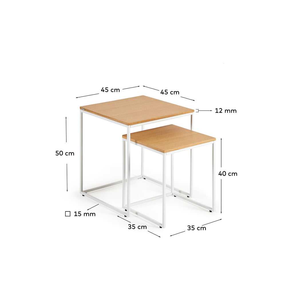 Ensemble 2 tables d'appoint gigognes Yoana en placage de chêne et structure en métal blanc