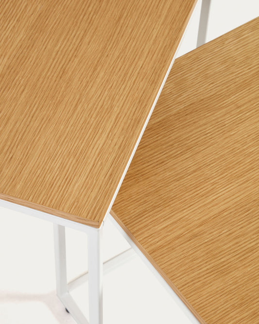 Ensemble 2 tables d'appoint gigognes Yoana en placage de chêne et structure en métal blanc