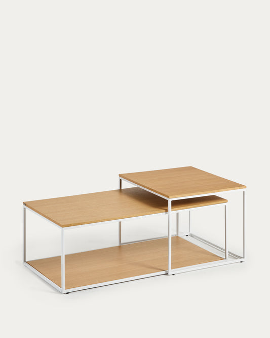 Ensemble de 2 tables basses gigognes Yoana en placage de chêne et structure en métal blanc