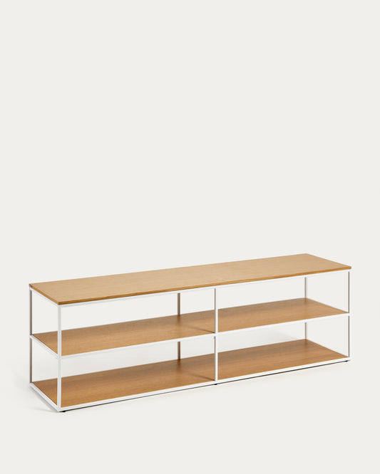 Meuble TV Yoana en placage de chêne et structure en métal blanc 160 x 40 cm