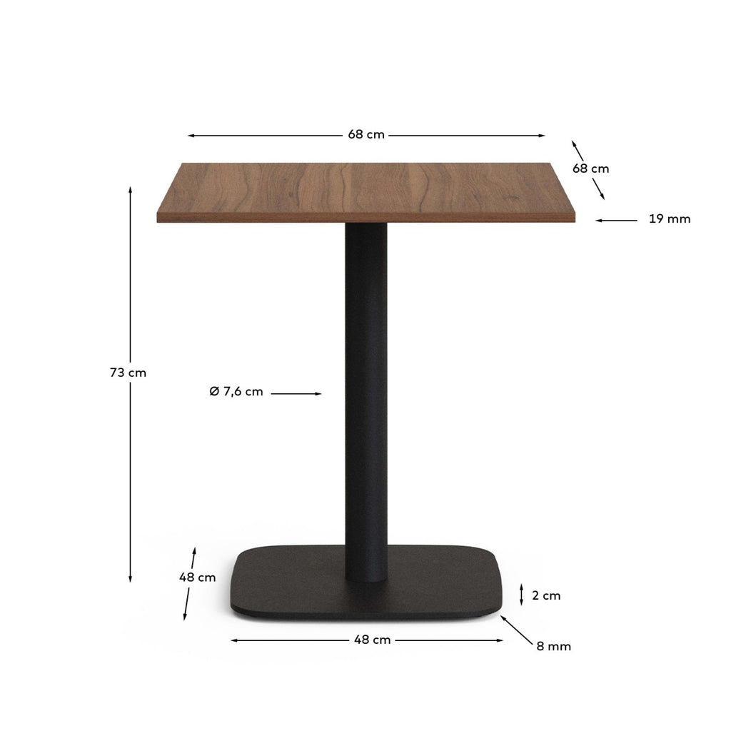Table Dina mélamine finition  noyer avec pied en métal et finition peinte noire  70 x 70 x 70 cm