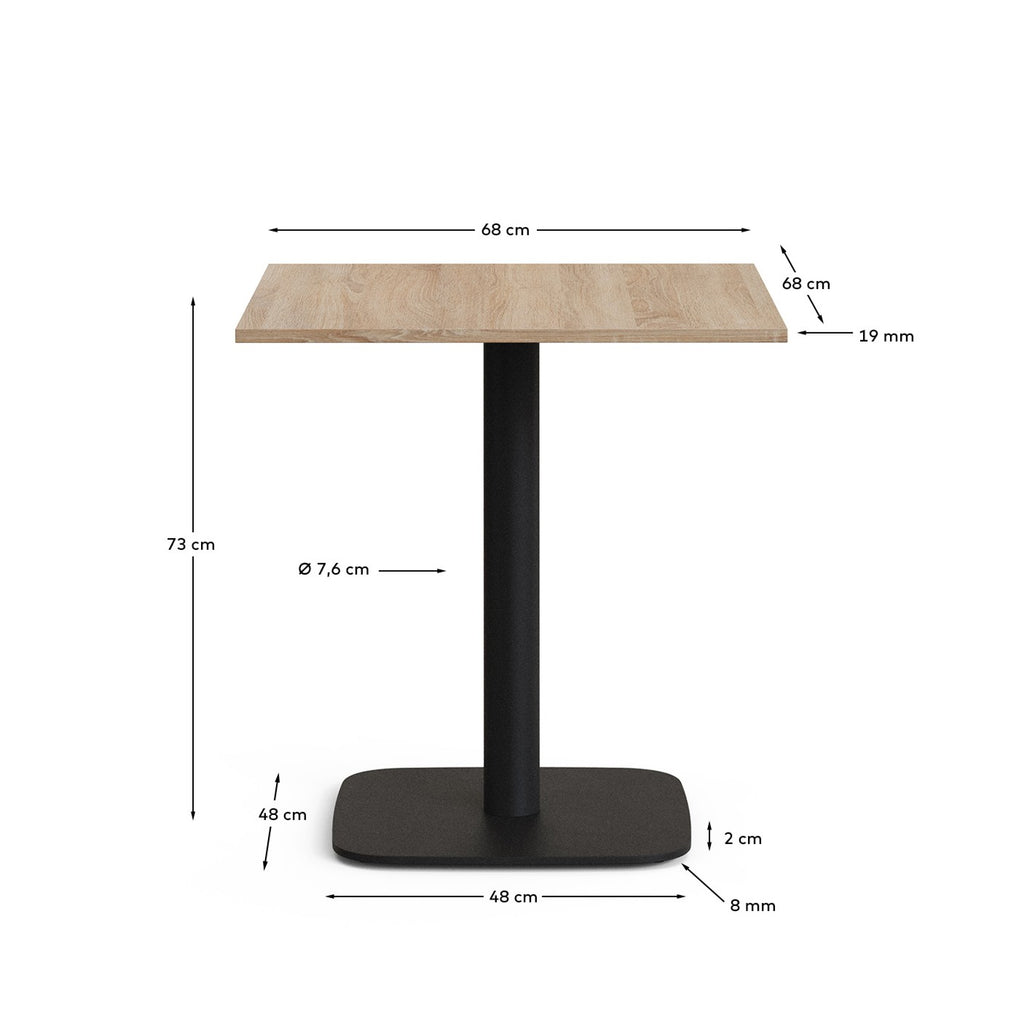 Table Dina mélamine finition naturelle avec pied en métal et finition peinte noire 70 x 70 x 70 cm