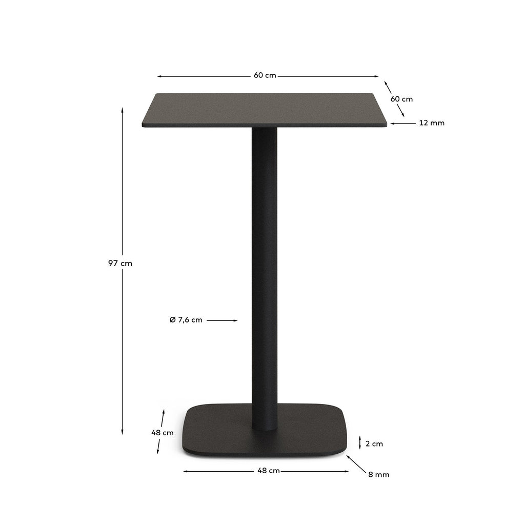 Table haute d'extérieur Dina noire avec pied en métal et finition peinte noire  60 x 60 x 96 cm