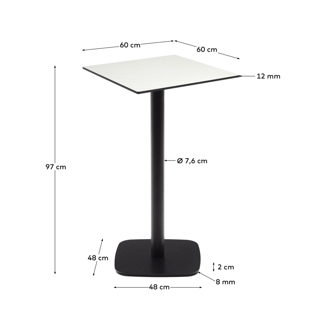 Table haute d'extérieur Dina blanco avec pied en métal et finition peinte noire 60x60x96 cm