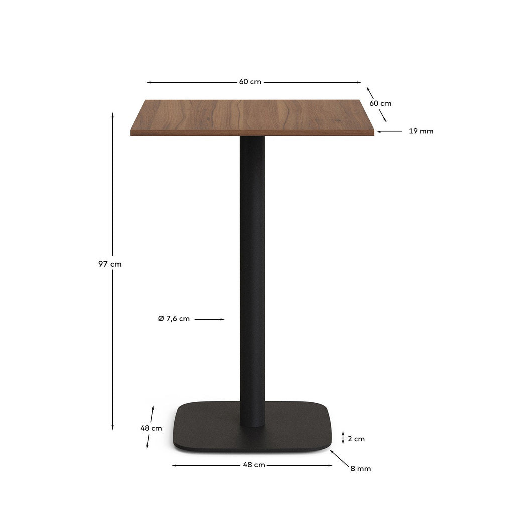 Table haute Dina mélamine finition noyer avec pied en métal et finition peinte noire 60x60x96 cm