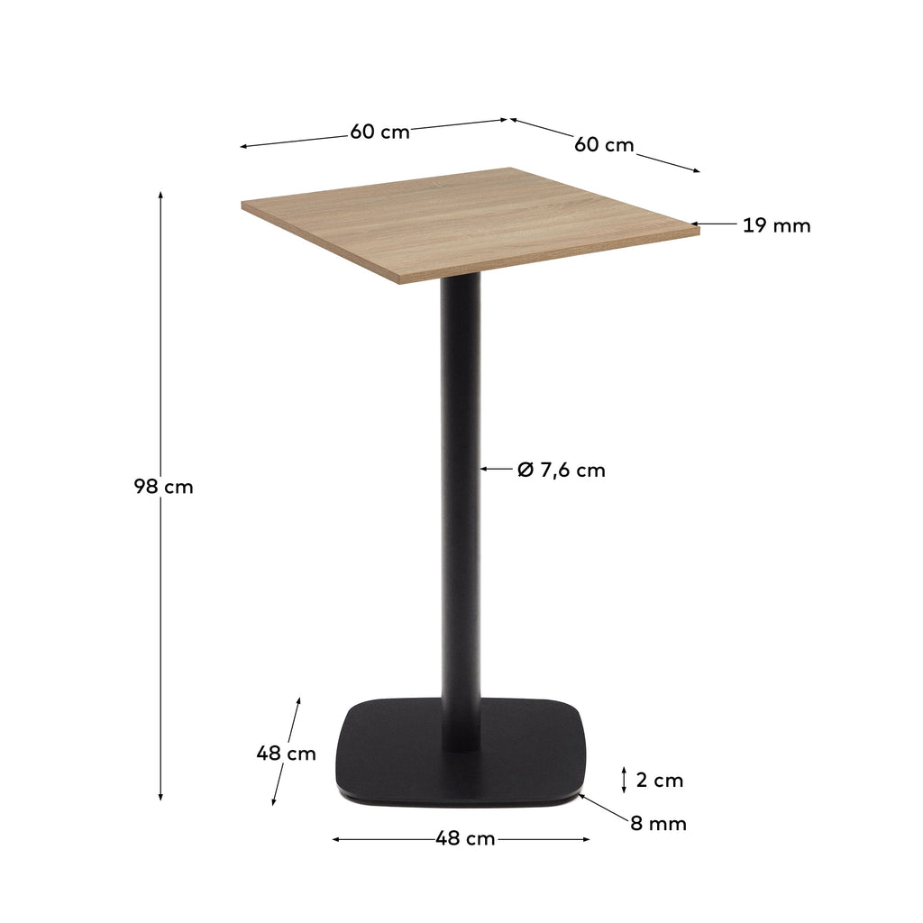 Table haute Dina mélamine finition naturelle avec pied en métal et finition peinte noire 60x60x96 cm