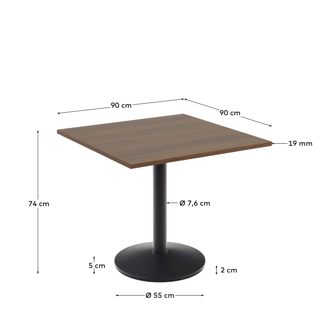 Table Esilda mélamine finition noyer avec pied en métal et finition peinte noire 90 x 90 x 70 cm