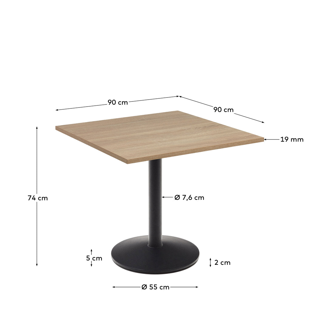 Table Esilda mélamine finition naturelle avec pied en métal et finition peinte noire  90x90x70 cm