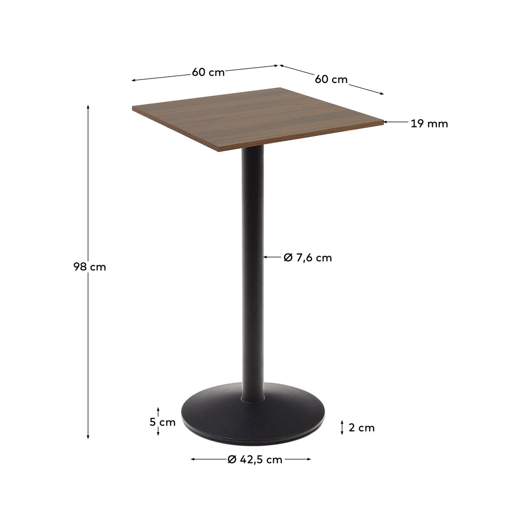 Table haute Esilda mélamine avec finition noyer pied en métal et finition peinte noire  60x60x96 cm