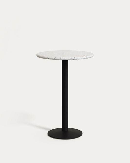 Table haute de bar ronde Saura en métal peint en noir avec dessus en terrazzo blanc 96 x Ø
