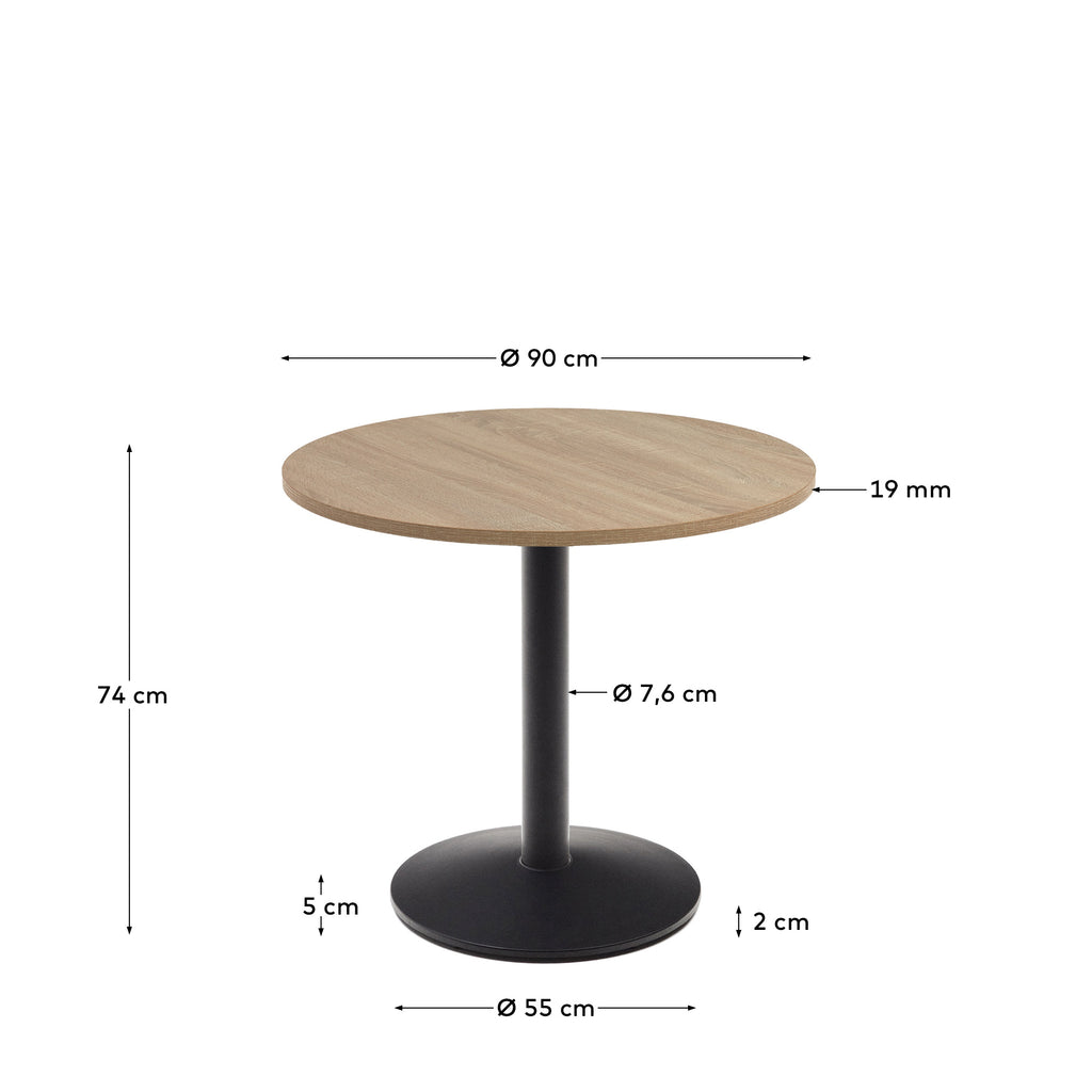 Table ronde Esilda mélamine finition naturelle pied en métal avec finition peinte noire Ø90x70cm