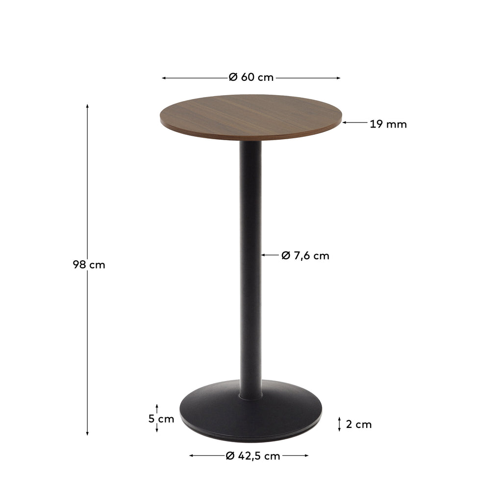 Table haute ronde Esilda mélamine finition noyer pied en métal et finition peinte noire  Ø60x96cm