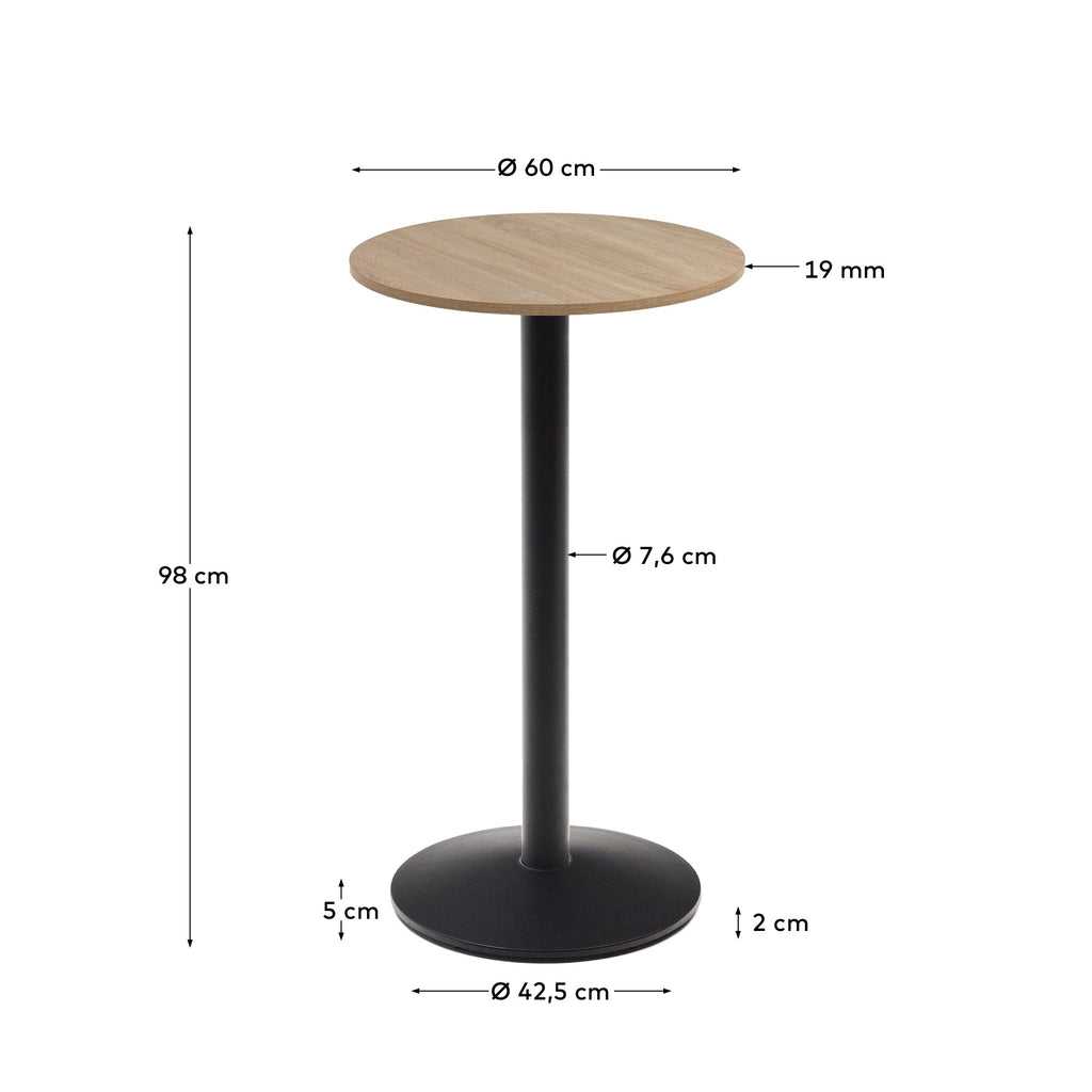 Table haute ronde Esilda mélamine finition naturelle pied en métal et finition peinte noire Ø60x96cm