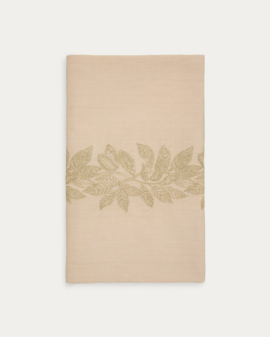 Nappe Oreti en coton et lin beige broderie cacao en lurex doré 150x250cm