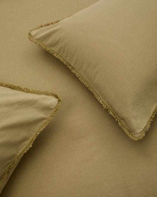 Ensemble Sifinia housse de couette taies d’oreiller percale de coton franges vert lit 180 cm