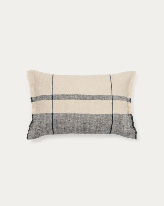 Housse de coussin Eron en lin à carreaux et franges beige et bleue 40 x 60 cm