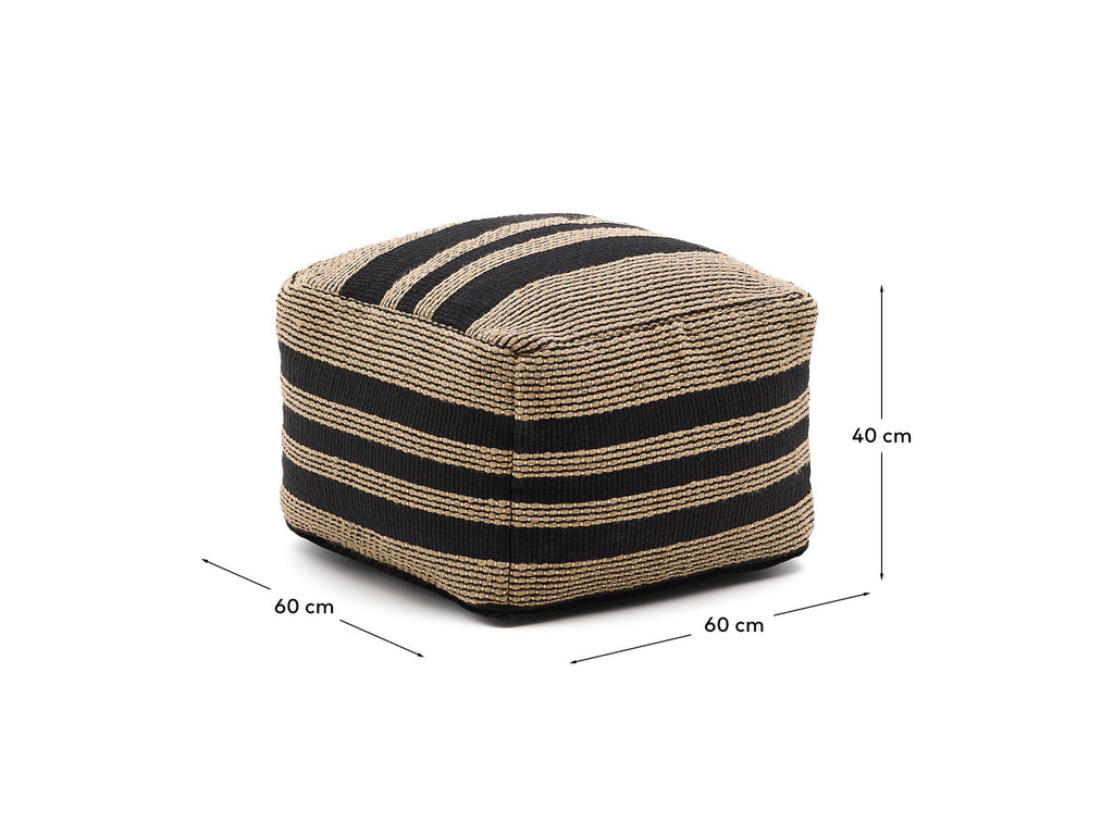 Pouf Aylin en coton et broderie en jute beige et noir 60 x 60 cm