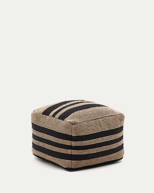 Pouf Aylin en coton et broderie en jute beige et noir 60 x 60 cm