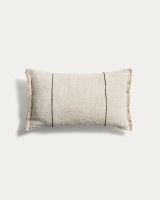 Housse de coussin Lidore en lin beige à rayures contrastées vertes 30 x 50 cm