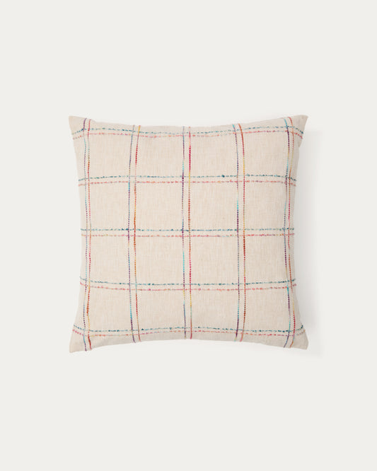 Housse de coussin Nety beige avec broderie à carreaux multicolores 45 x 45 cm